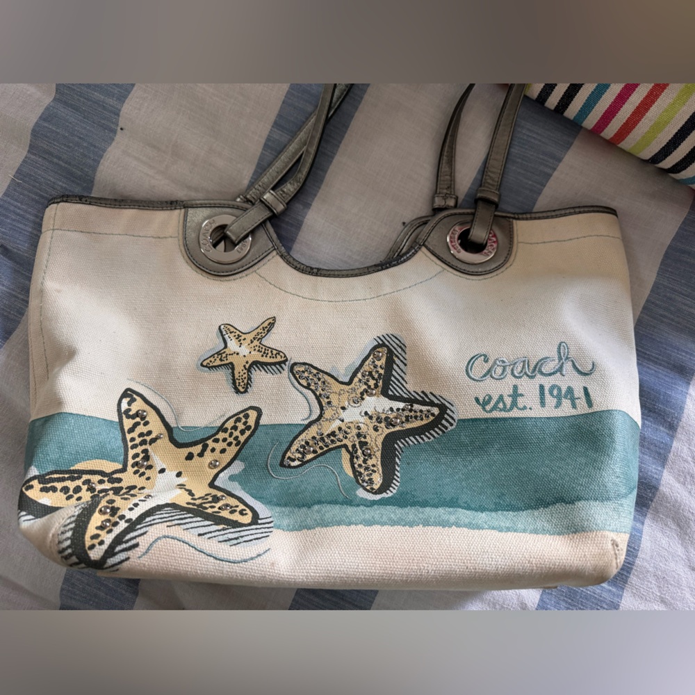 Coach White Teal Canvas Shoulder Bag with Starfish Print
